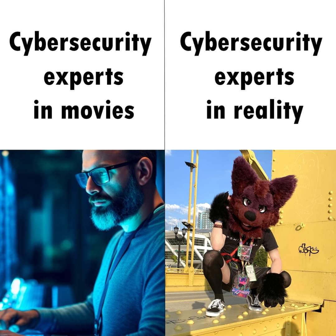 Okay, let's break down this meme comparing cinematic depictions of cybersecurity experts to their "reality" through the lens of several theoretical frameworks. **Visual Description** The meme is a side-by-side compari...