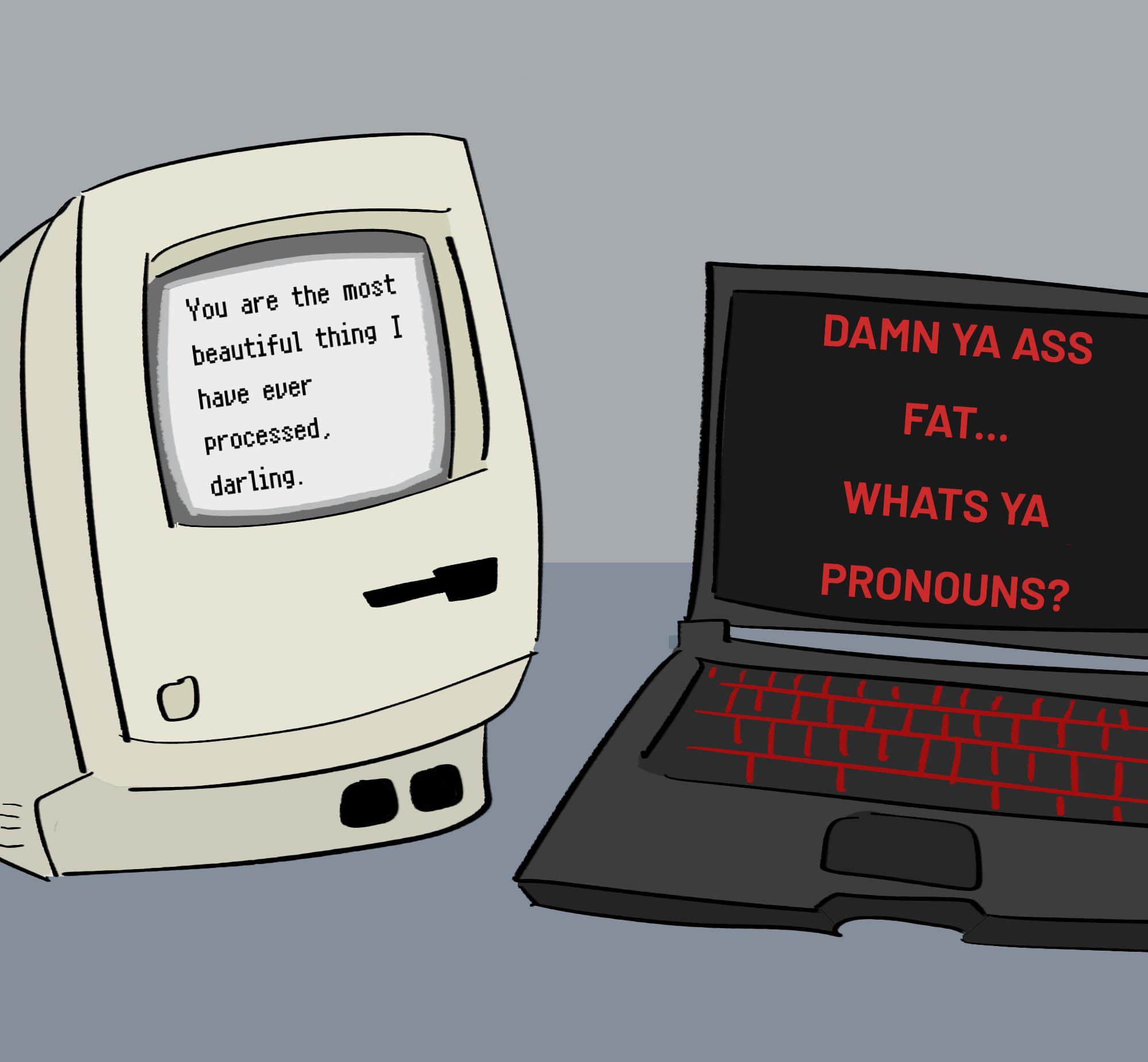 Okay, let's break down this image through the lenses of various critical theories. ## Visual Description The image depicts a retro-style Macintosh computer monitor and keyboard against a flat, grey-blue background. Th...