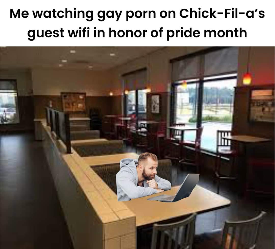 The meme is a play on the idea of a person watching explicit content in a public place, but with a twist that it's specifically queer content being watched in a public place that's traditionally associated with straig...