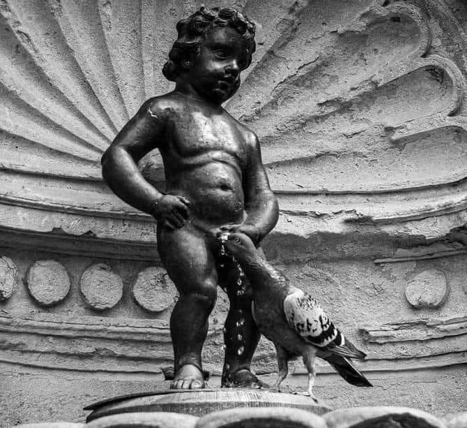 Okay, let's break down this image through several theoretical lenses. **Visual Description** The image is a monochrome photograph featuring a bronze statue of a young boy, likely a cherub or putto, urinating into a ba...