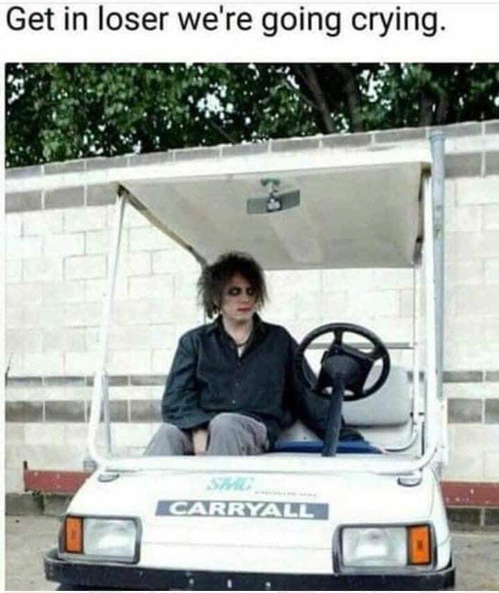 Okay, let's break down this image with the requested theoretical lenses. It's a meme featuring Robert Smith of The Cure, so there's a lot to unpack. **Visual Description** The image is a still from what appears to be...