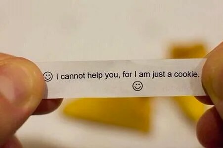 Okay, let's break down the image of the fortune cookie slip with the message "I cannot help you, for I am just a cookie" through a series of theoretical lenses. ## Visual Description The image depicts two human finger...