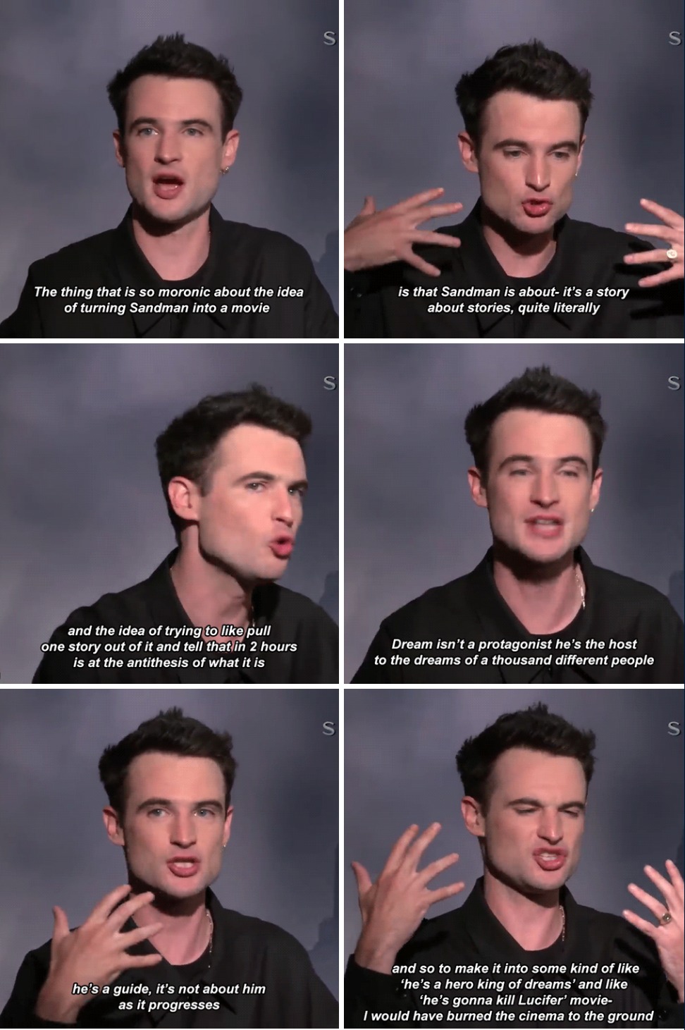 Okay, let's break down the provided images of the man speaking, applying relevant theoretical lenses. **Visual Description** The images depict a man (likely an actor/personality, given the lighting and professional se...