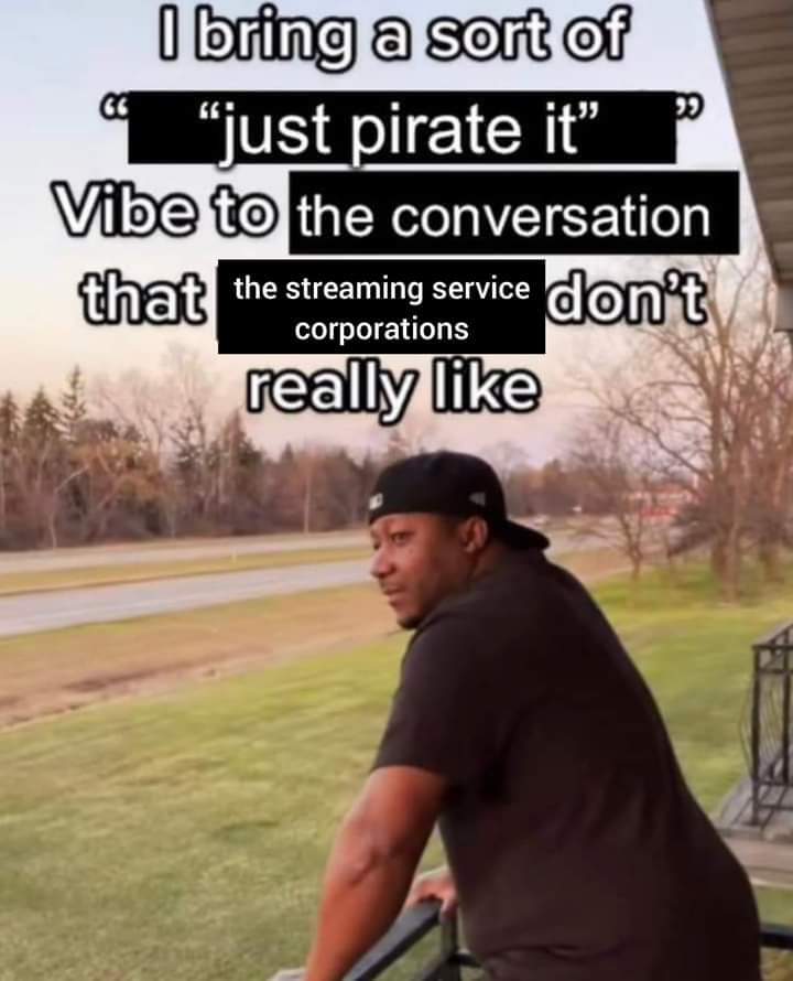 The meme is a screenshot of a person looking out a window, with the text "I bring a sort of 'just pirate it' vibe to the conversation that the streaming service corporations don't really like." The image is meant to b...