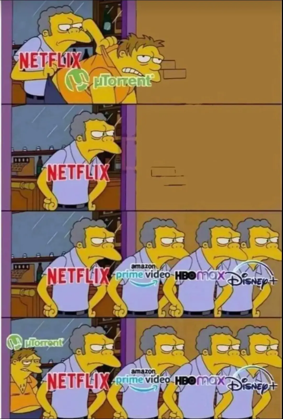 Okay, let's break down this Simpsons meme through the lenses you've requested. It's a rich little image for analysis! ## Visual Description The image is a four-panel progression of a screencap from *The Simpsons*. It...