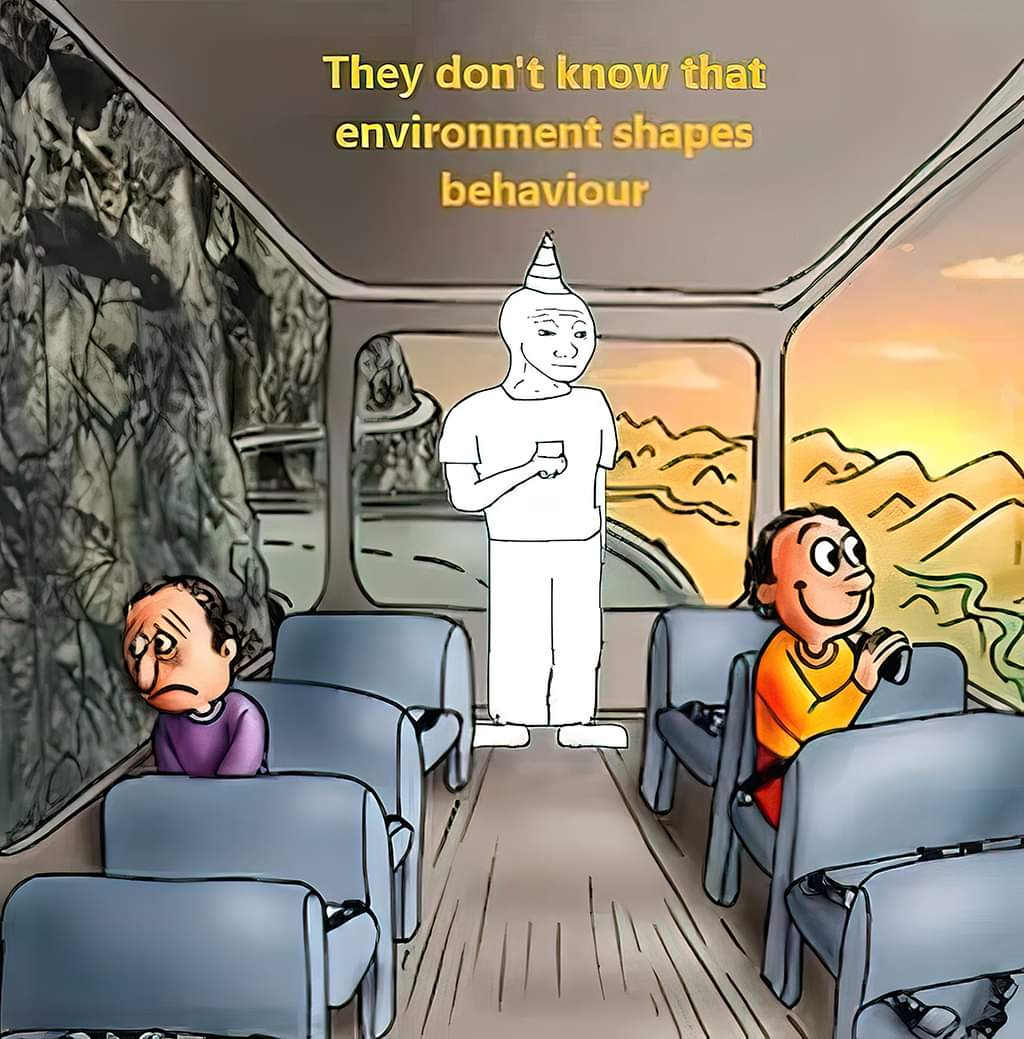 The meme depicts a bus where the passengers are all different types of people (e.g. a woman, a man, a child, an elderly person), but they all have the same facial expression of being confused or disoriented. The text...