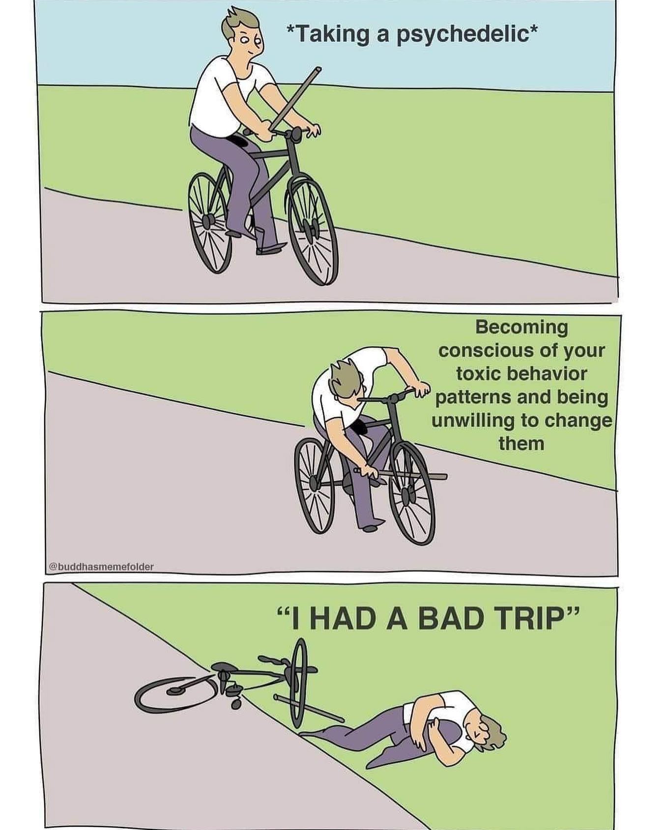 Okay, let's break down this meme using the requested analytical lenses. **Visual Description** The meme is a three-panel cartoon with a minimalist style. Each panel depicts a man riding a bicycle, with increasingly ch...