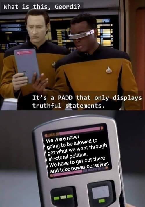 Okay, let's break down this image with analysis through several theoretical lenses, focusing on sections where those lenses *apply*. The image is essentially a meme using a scene from *Star Trek: The Next Generation*...