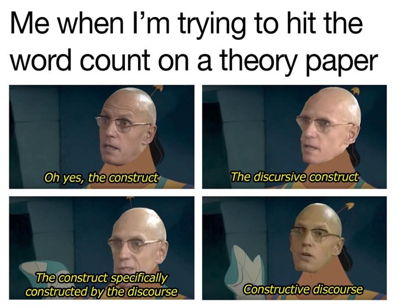 This meme is a humorous take on the struggles of academic writing. It depicts a character from the sci-fi movie "Star Trek: The Next Generation" (Brent Spiner as Data) with a confused expression, captioned "Oh, you me...