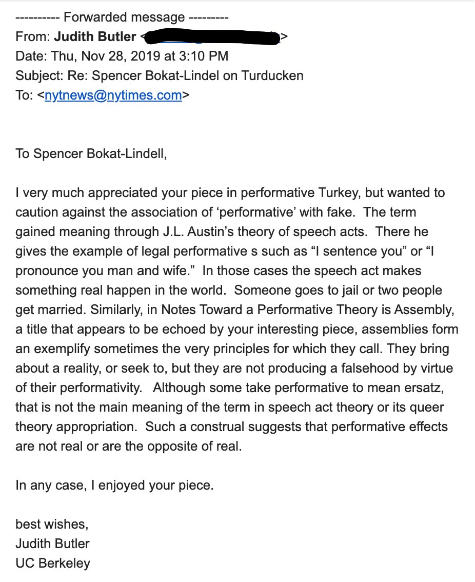 Okay, here's a breakdown of the provided email from Judith Butler, organized according to your requested headings, with analysis where relevant. ## Visual Description The image presents a forwarded email from Judith B...