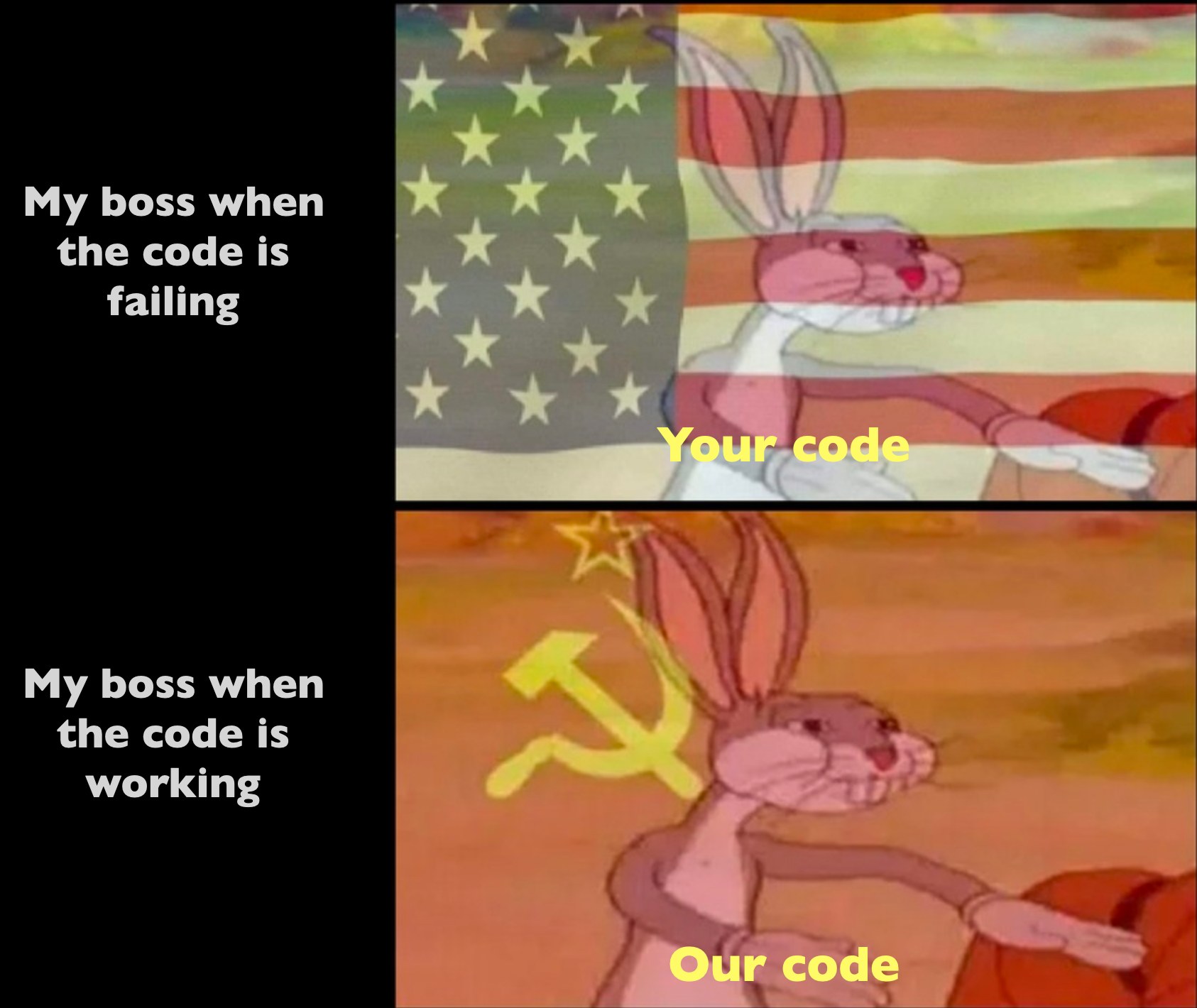 Okay, let's break down this meme using the requested theoretical lenses. ## Visual Description The meme is a two-panel image featuring a cartoon rabbit (Bugs Bunny) in both frames. * **Top Panel:** Bugs Bunny is depic...