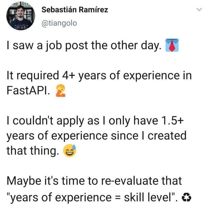 Okay, let's break down this tweet from Sebastián Ramírez through various theoretical lenses. ## Visual Description The image is a screenshot of a Twitter (now X) post. It features a profile picture of a man with a dar...