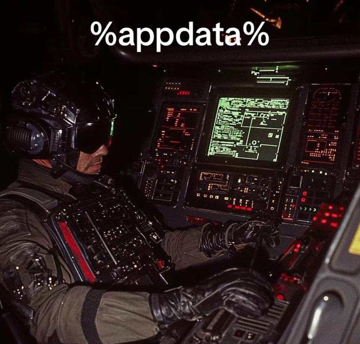 Okay, let's break down this image using the requested theoretical frameworks. The image depicts a figure (likely a pilot) intensely focused on complex controls within a darkened, high-tech cockpit. The aesthetic leans...