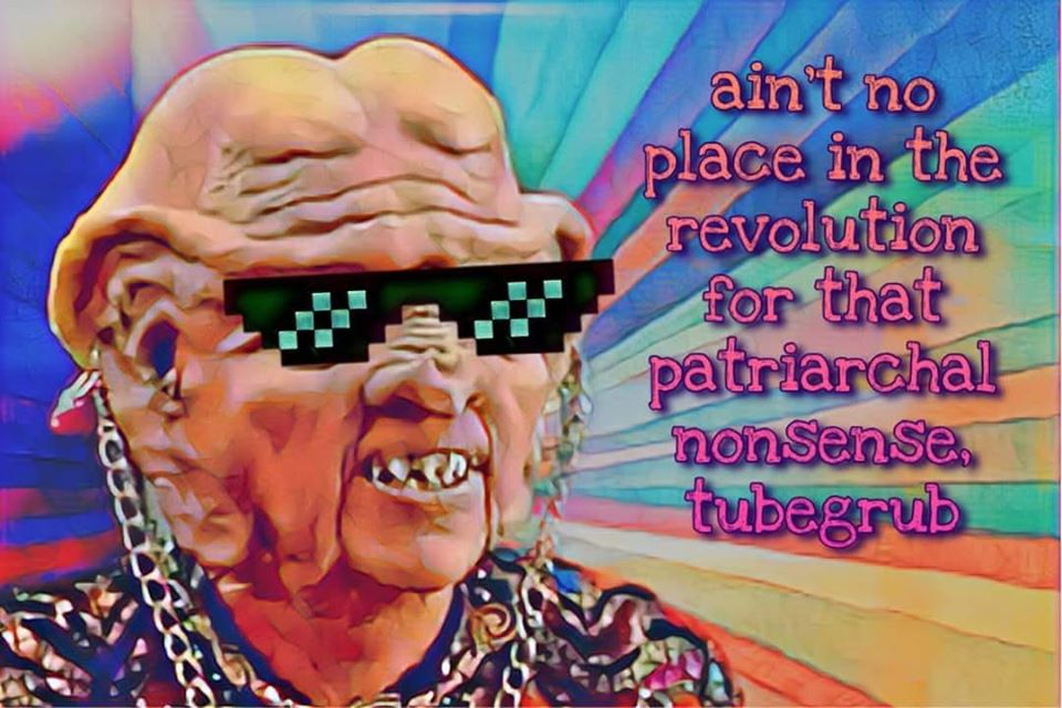 Okay, let's break down this image through the lenses you requested. It's a fascinating collision of internet aesthetics and social critique. **Visual Description** The image features a heavily digitally altered close-...