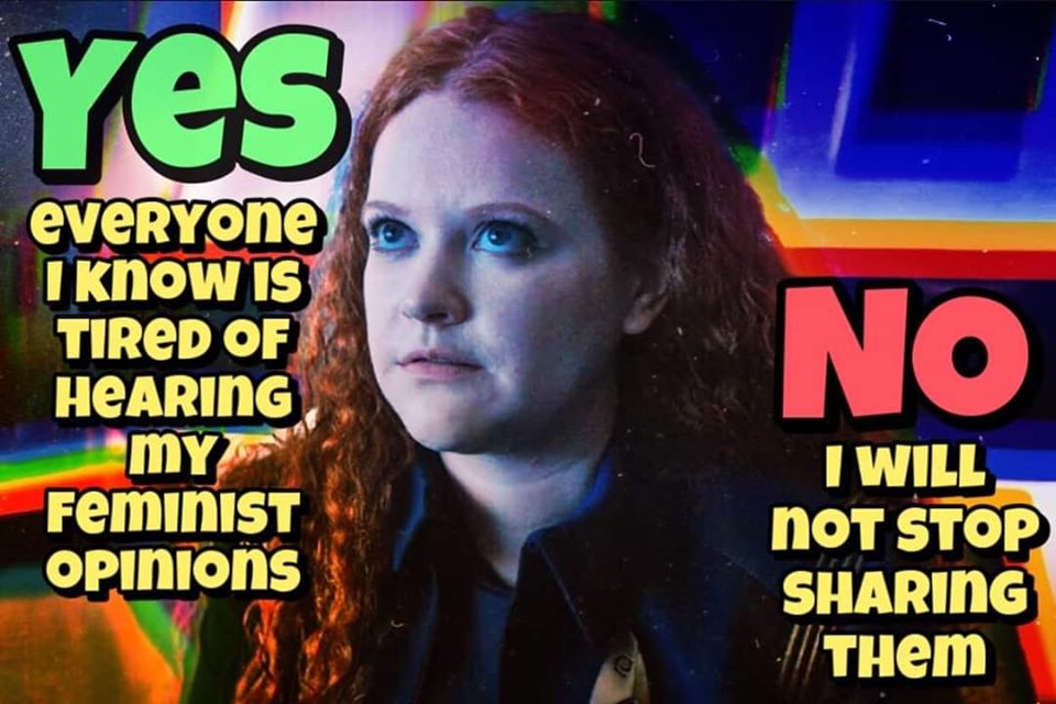 Okay, let's break down the image through the lenses of different theoretical frameworks. **1. Visual Description** The image is a digital meme featuring a photograph of a woman with reddish-blonde hair. The image is o...