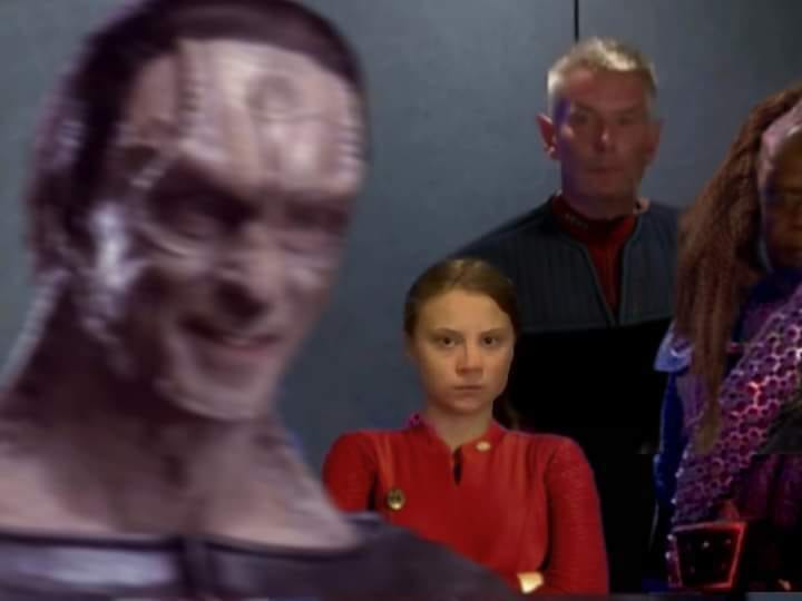 Okay, let's break down this image through the requested theoretical lenses. It appears to be a still from a science fiction television series (likely *Star Trek: Voyager* based on the uniforms and actors). Here’s an a...