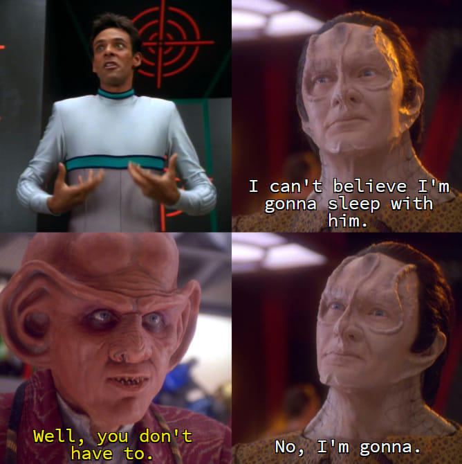 Okay, let's break down this meme (constructed from scenes of *Star Trek: Deep Space Nine*) through the lenses you've requested. It's a fairly rich meme for these kinds of analyses due to the power dynamics inherent in...