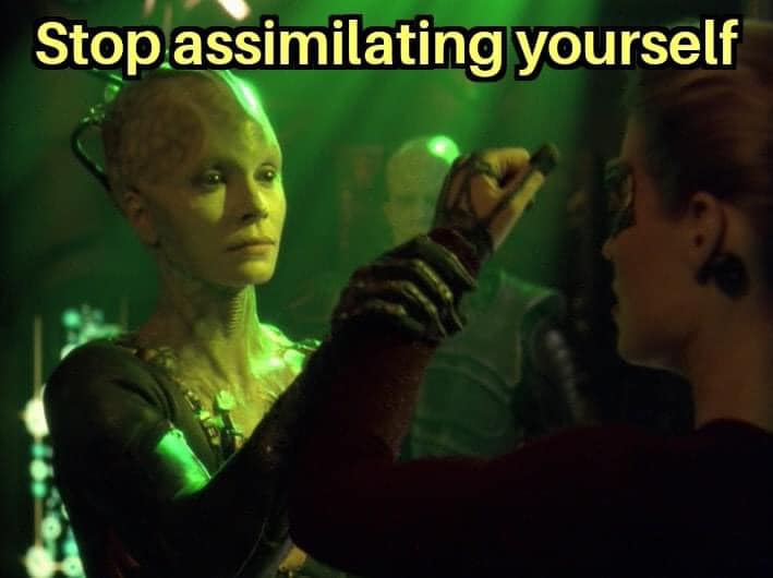 Okay, let's break down this image—a still from *The Matrix* overlaid with the text "Stop assimilating yourself"—through several theoretical lenses. **1. Visual Description** The image features a close-up scene from *T...
