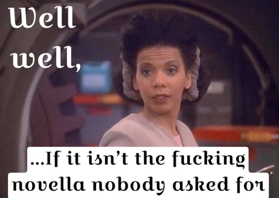 Okay, let's break down this image/meme using the requested analytical lenses. **Visual Description** The image is a still from a television show (likely *Star Trek: The Next Generation* based on the setting and charac...