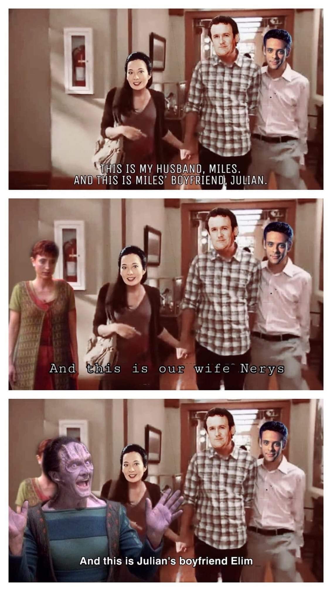 Okay, here's an analysis of the provided image series, broken down into relevant sections. The image presents a progressively revealing introduction of a polyamorous relationship, so several lenses are highly applicab...