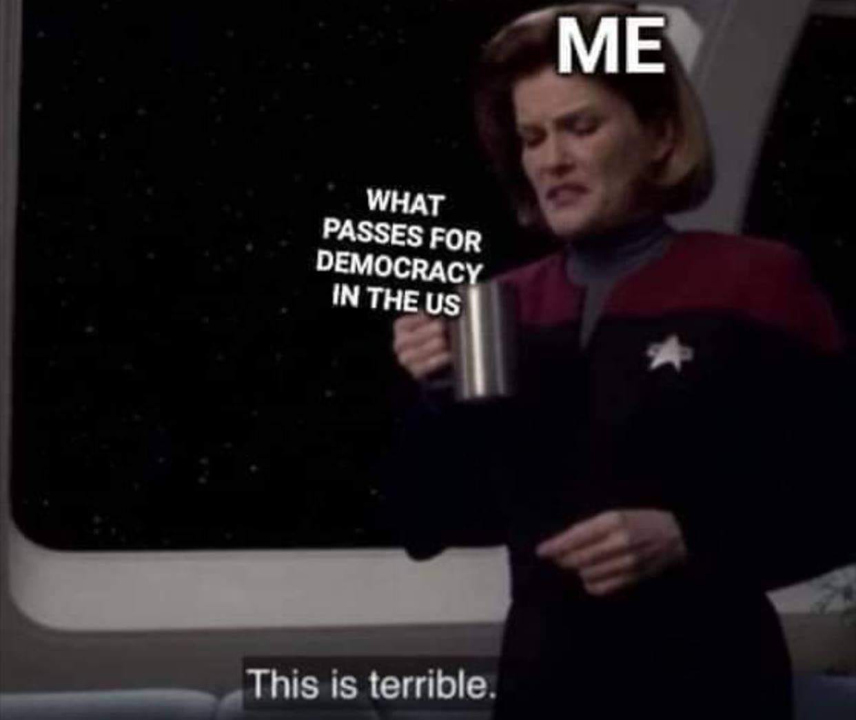 Okay, let's break down this meme through various theoretical lenses. **Visual Description** The image is a screen capture from the television series *Star Trek: Voyager*, featuring Kate Mulgrew as Captain Kathryn Jane...