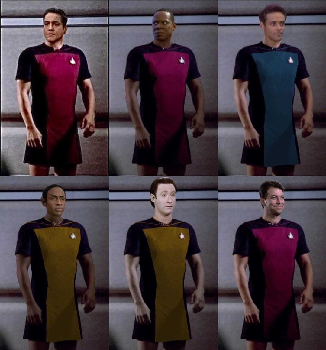 Okay, let's analyze these images of the Star Trek: The Next Generation crew in the infamous "short skirts" scene, applying the theoretical lenses you requested. It's important to note this scene has become a meme, and...