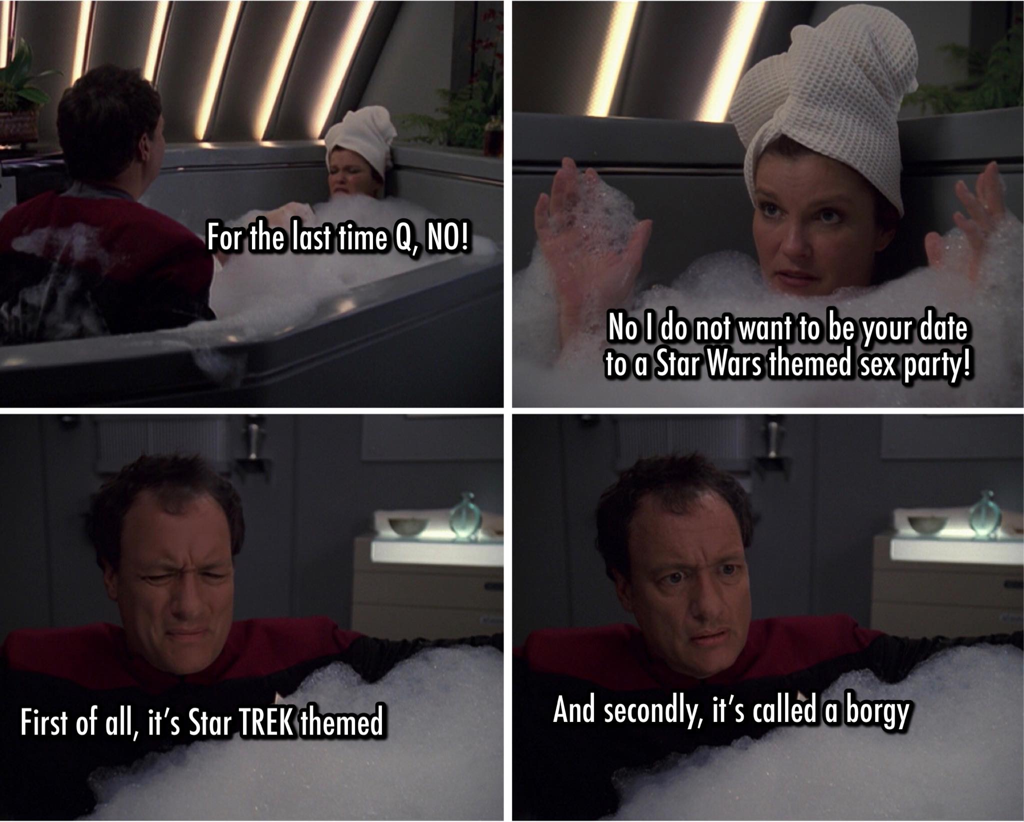 Okay, let's break down this image sequence, a scene from *Star Trek: Voyager* with Q and Captain Janeway, using the requested analytical lenses. It's important to remember that applying these theoretical frameworks in...