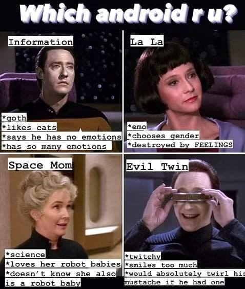 Okay, let's break down this image, a meme riffing on the Star Trek: The Next Generation character Data, through the lens of several critical theories. **Visual Description** The image is a grid of four headshots featu...