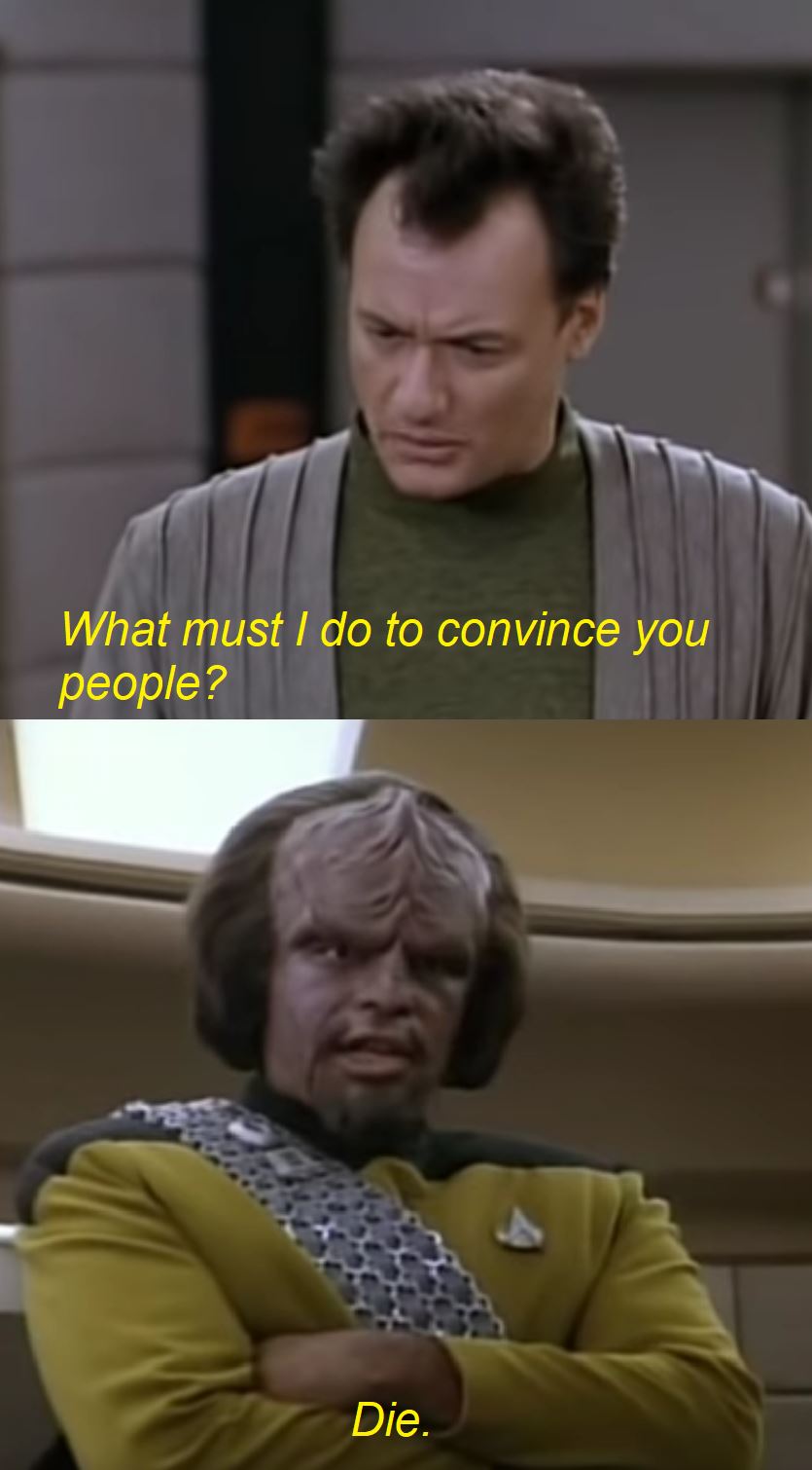 Okay, let's break down this image—a meme featuring a scene from *Star Trek: The Next Generation*—through the lens of various theoretical frameworks. It's a surprisingly rich image for this type of analysis! ## Visual...