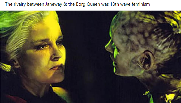 Okay, let's break down the image and the implied rivalry between Captain Kathryn Janeway and the Borg Queen, analyzing it through the requested theoretical lenses. **Visual Description** The image is a close-up, symme...