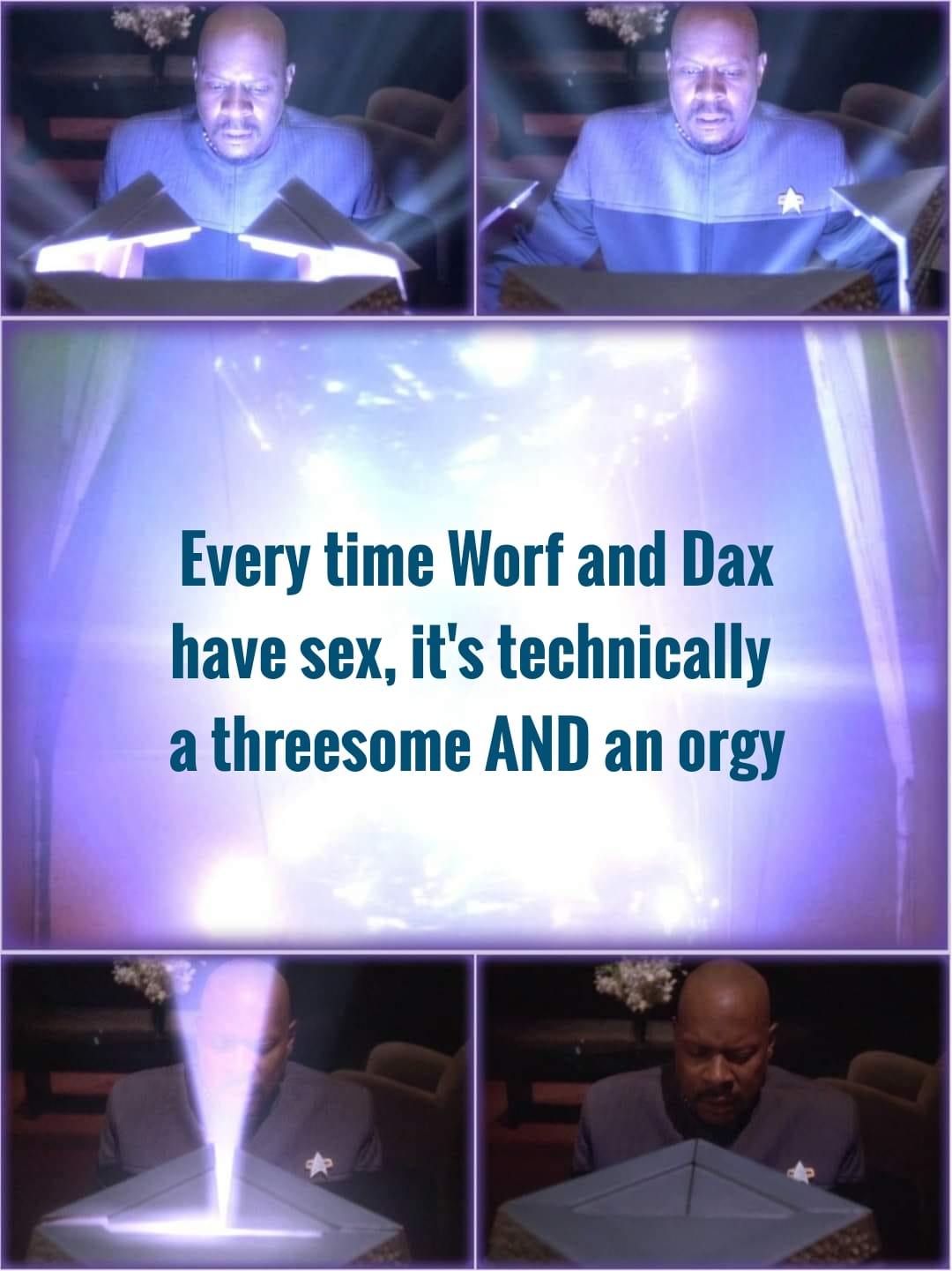 Okay, here's a breakdown of the image and its implied statement ("Every time Worf and Dax have sex, it's technically a threesome AND an orgy") through several theoretical lenses, as requested. I will only include sect...