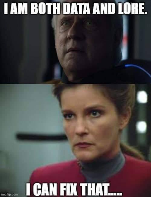 Okay, let's break down this *Star Trek* meme through various critical lenses. **Visual Description** The image is a two-panel meme format utilizing screenshots from *Star Trek: The Next Generation*. * **Top Panel:** F...