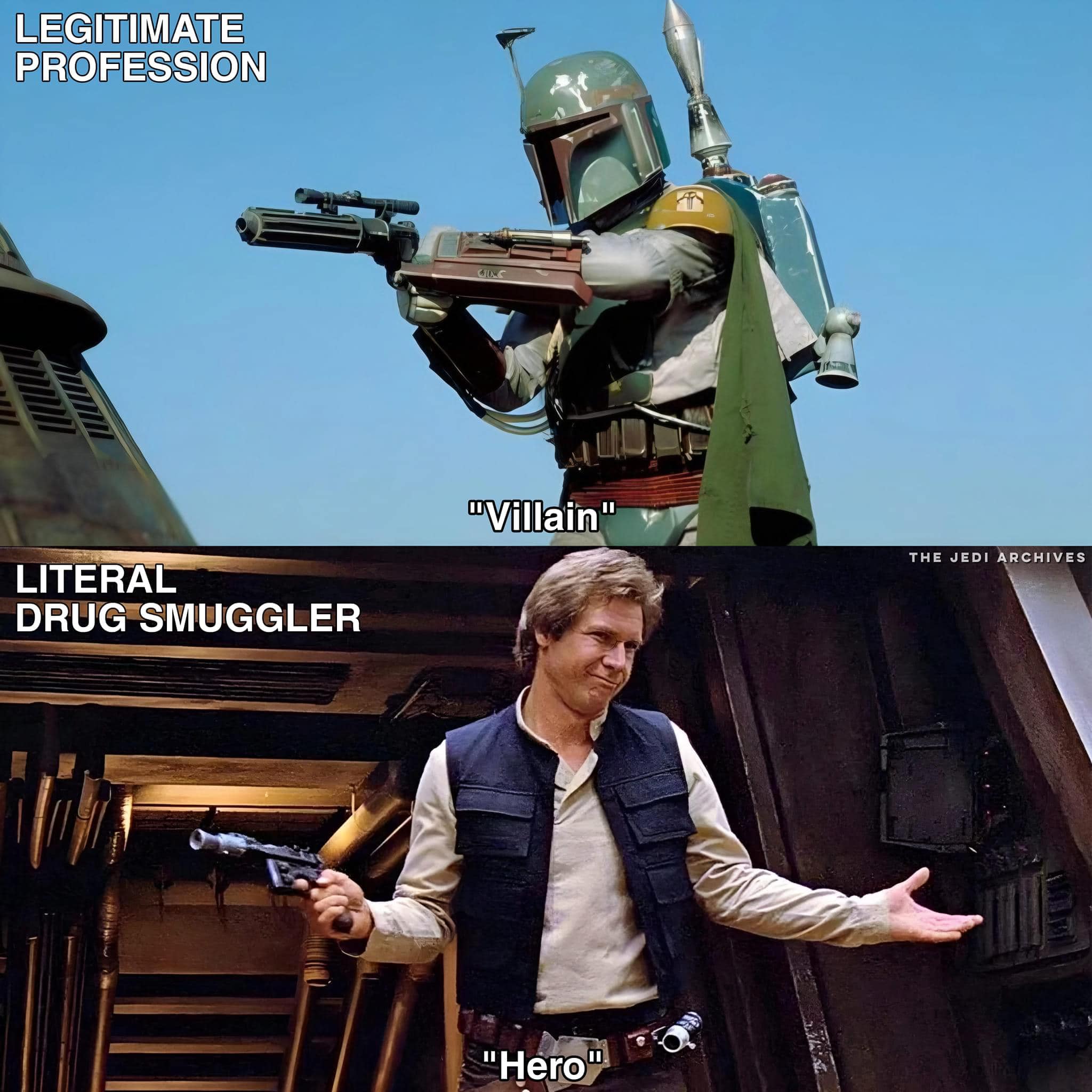 Okay, let's break down this image with analyses relevant to the prompts. It's a layered meme format, which is important to acknowledge. The image juxtaposes Boba Fett and Han Solo, labelling them as "Villain" and "Her...