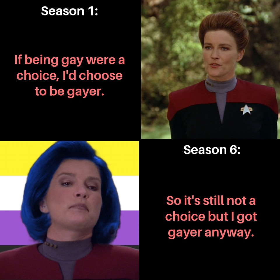 Okay, let's break down this meme featuring Jadzia Dax from *Star Trek: Deep Space Nine* through several critical lenses. **Visual Description** The meme is a split image comparing two screenshots of the character Jadz...
