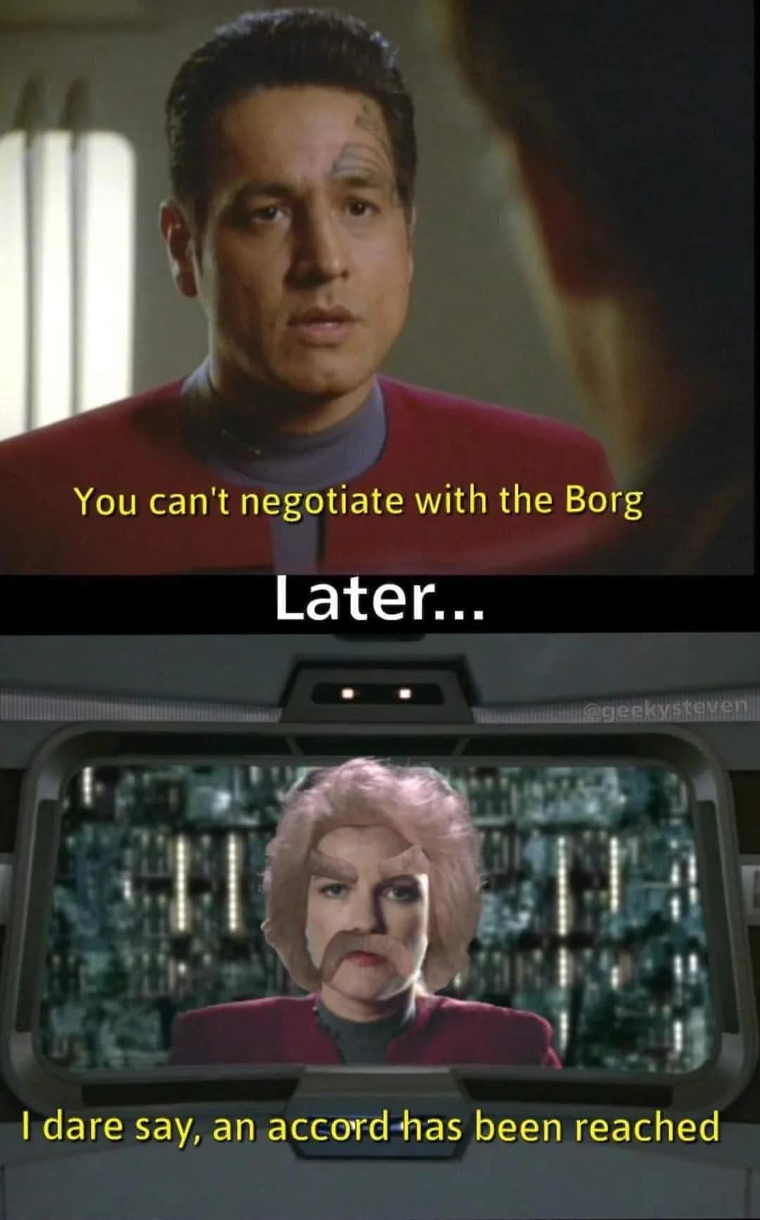 Okay, let's break down this *Star Trek* meme through several theoretical lenses. ## Visual Description The image is a two-panel meme. * **Panel 1:** Depicts Captain Jean-Luc Picard, looking grim and resolute, in his s...