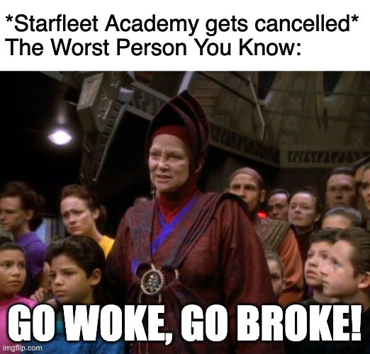 This meme depicts a chaotic scene from *Star Trek* featuring an authority figure, who is often portrayed in fan communities as a dominant mentor with intense personal feelings for her students (such as Worf). The capt...