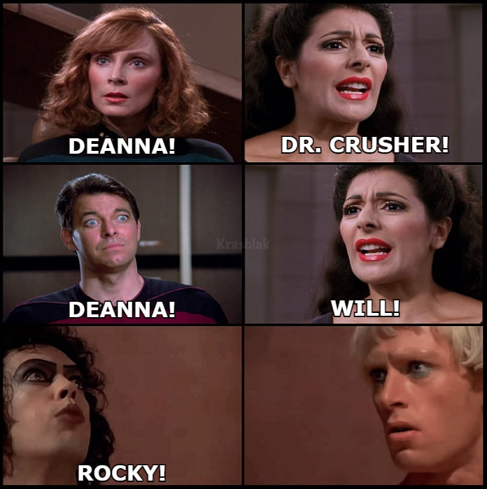 Okay, let's break down this image – a meme format using distressed faces of characters from *Star Trek: The Next Generation* – through several critical lenses. **Visual Description** The image is a four-panel grid fea...