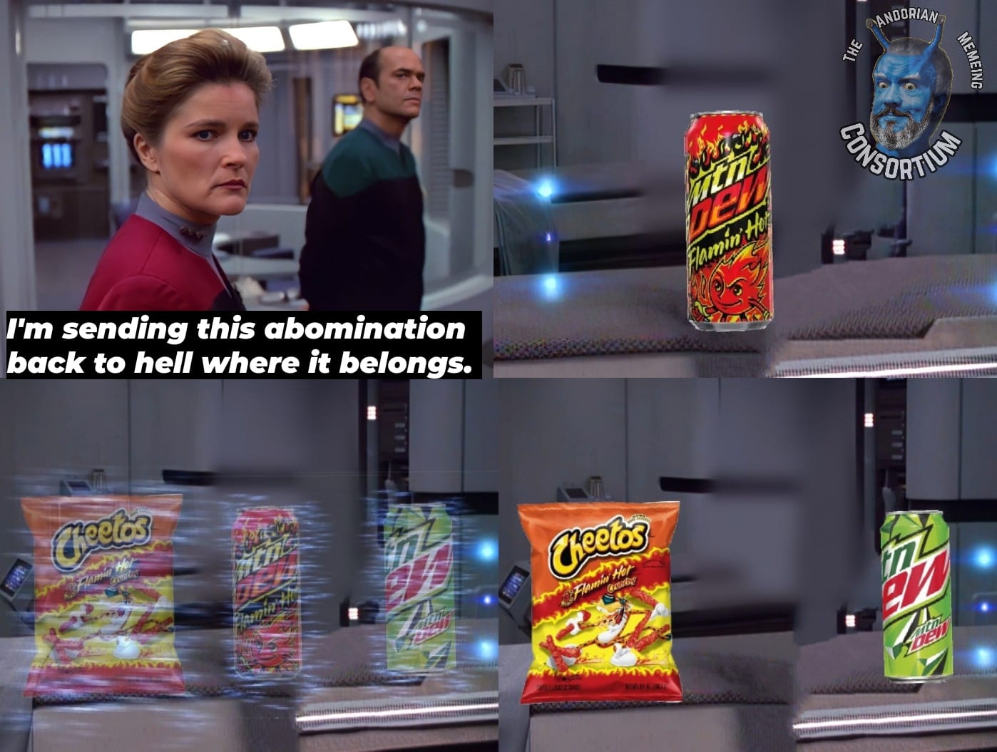 Okay, let's break down this image and meme with a multi-layered analysis, drawing on the requested theoretical frameworks. **Visual Description** The image is a composite meme, layered onto a screenshot from *Star Tre...