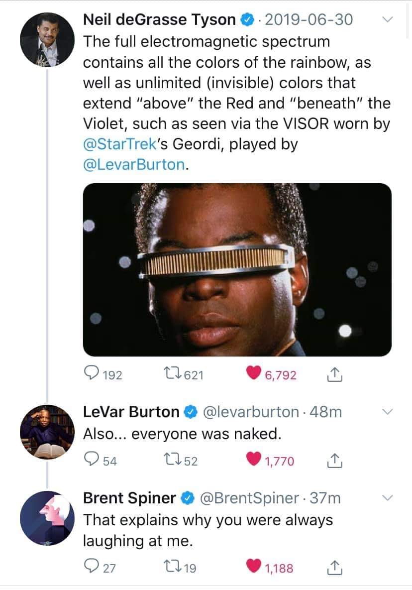 Okay, here's an analysis of the Twitter exchange between Neil deGrasse Tyson, LeVar Burton, and Brent Spiner, broken down into the requested theoretical frameworks. I'll only include sections where the frameworks are...