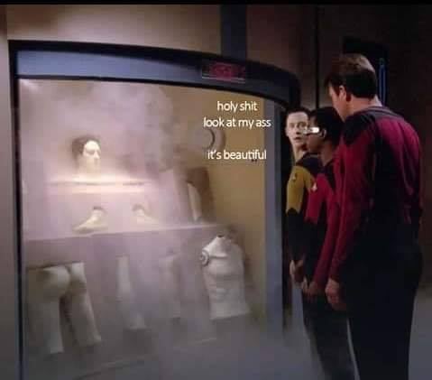 Okay, let's break down this image with the requested theoretical lenses. It's a bizarre and amusing image ripe for analysis! **Visual Description** The image is a screen capture from what appears to be a *Star Trek: T...