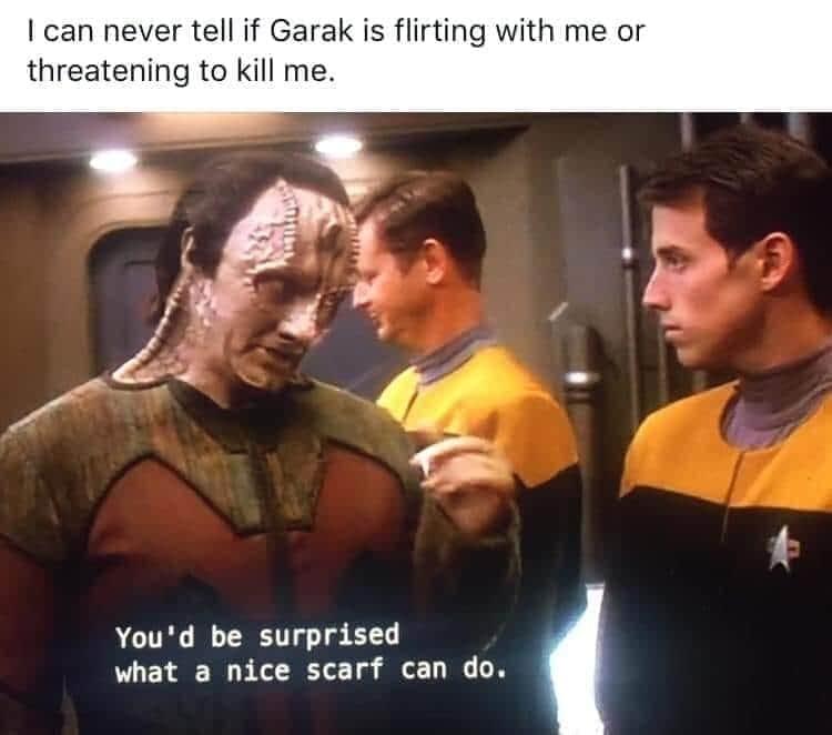 Okay, here's an analysis of the image/meme, broken down into relevant theoretical sections. It's quite rich, so several sections will apply. **Visual Description** The image is a screen capture from *Star Trek: Deep S...