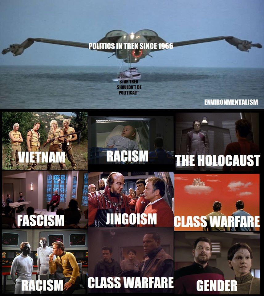 Okay, let's break down this image, which appears to be a collage exploring the ways in which *Star Trek*, specifically the original series, engaged with various political and social issues. I'll address the sections y...