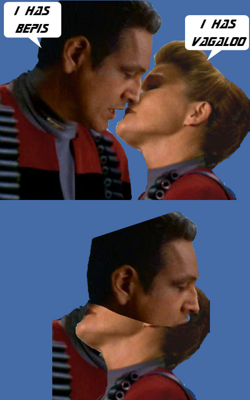 Okay, let's break down this meme featuring a scene from *Star Trek: Voyager* with added text ("I haz bepis" and "I haz vagaloo") using the requested analytical frameworks. It's important to note that this is a deliber...
