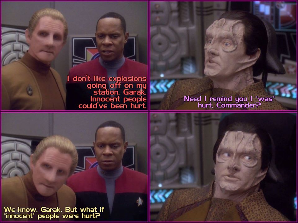 Okay, let's break down this image from *Deep Space Nine* through several critical lenses. It's a powerful scene and lends itself to a surprisingly rich analysis. **Visual Description** The image is a four-panel compos...
