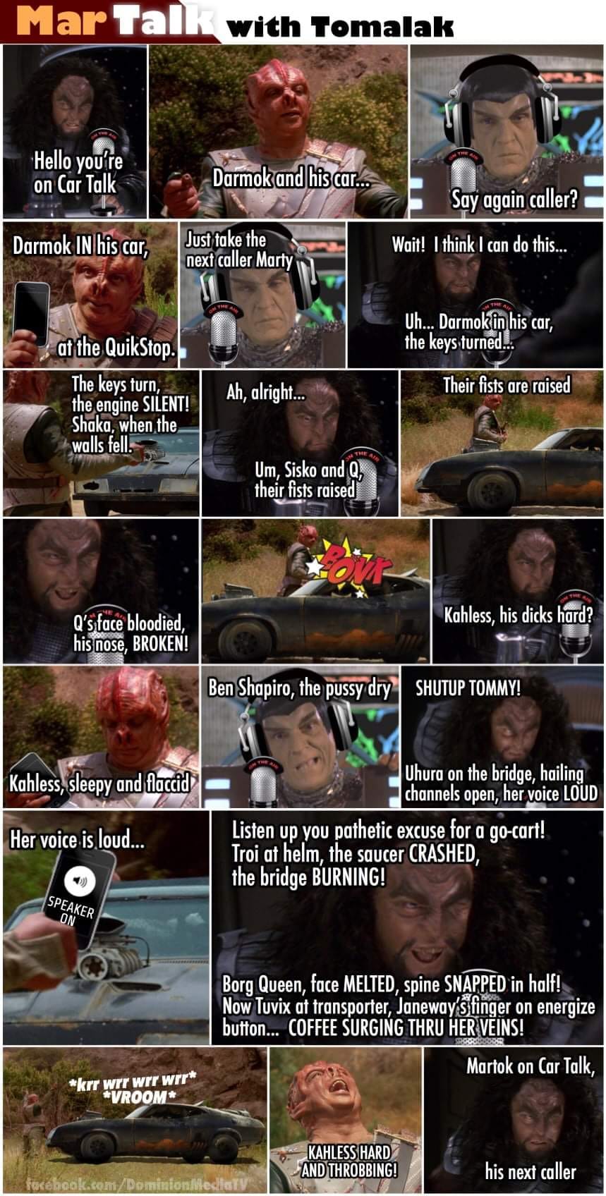 Okay, this is... a lot. It's a chaotic, layered image, seemingly a mashup of *Star Trek: The Next Generation* references, internet memes, and extremely aggressive (and frankly, disturbing) dialogue. Let's break it dow...