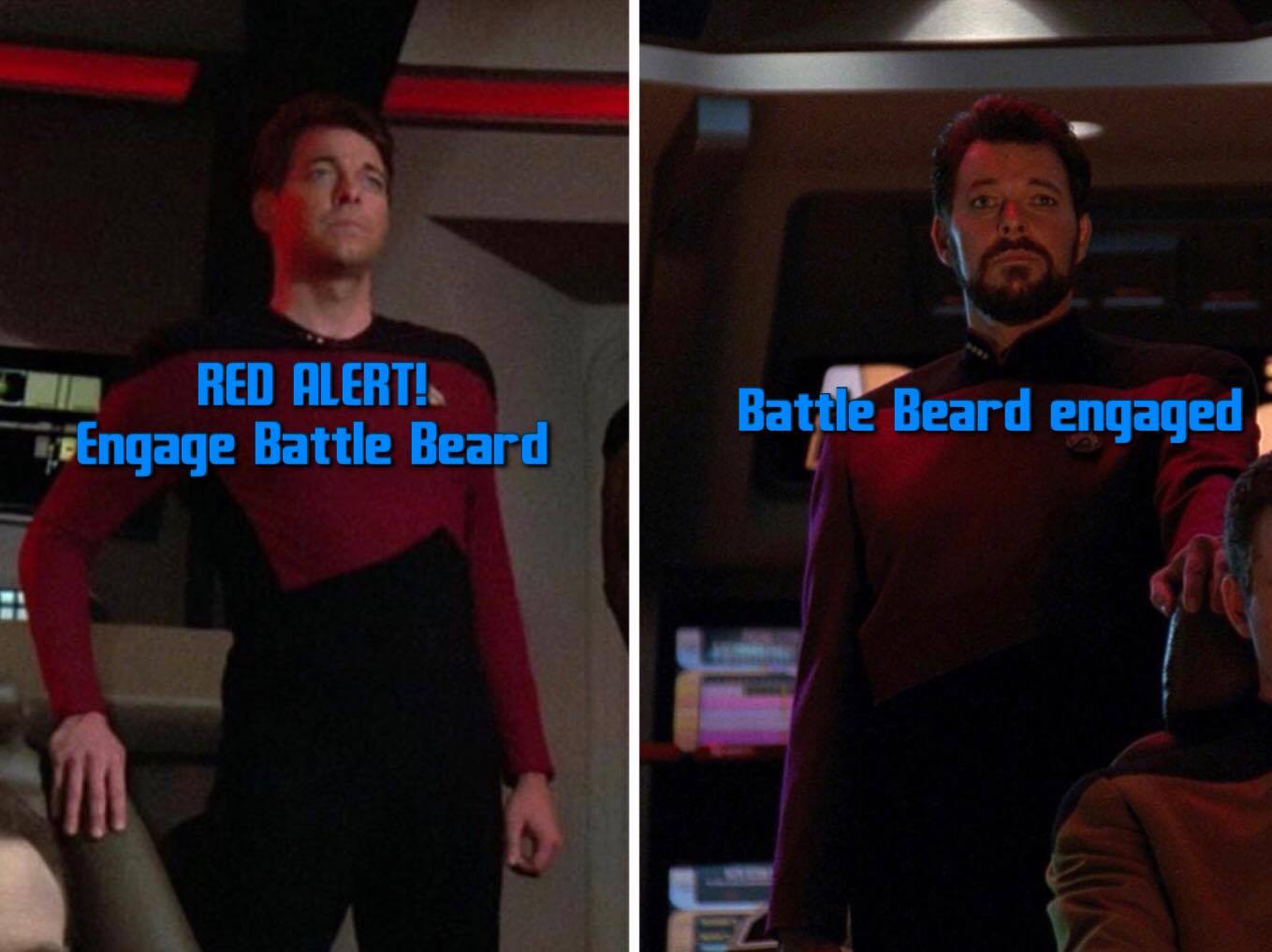 Okay, let's analyze the image pair provided, focusing on the requested theoretical frameworks. It's a bit humorous, given the "Battle Beard" caption, but we can still find layers of potential analysis. **Visual Descri...