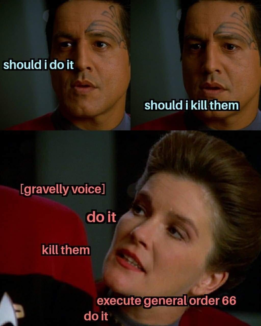 Okay, let's analyze this image, applying the requested theoretical lenses where applicable. **Visual Description** The image is a four-panel meme comprised of screencaps from *Star Trek: Generations* (1994), a science...