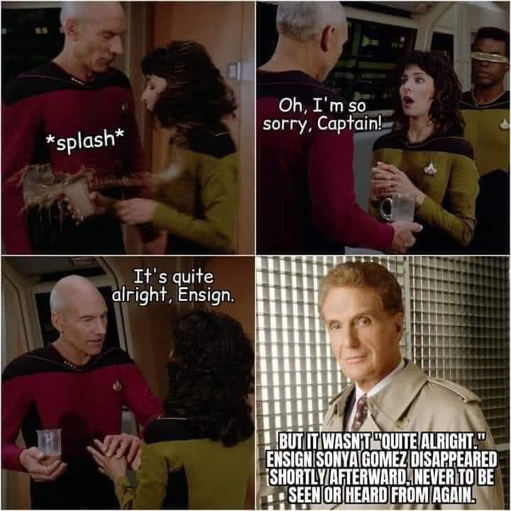 Okay, let's break down this four-panel image from *Star Trek: The Next Generation* through several theoretical lenses. It's a scene featuring Captain Picard and Ensign Sonya Gomez, but has become famous for the reveal...