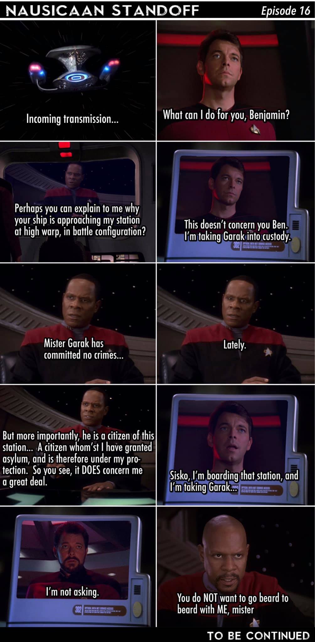 Okay, let's break down these Star Trek: Deep Space Nine screenshots through the lens of various theoretical frameworks. Given the context of the scene (a standoff regarding a refugee and the potential for conflict), c...