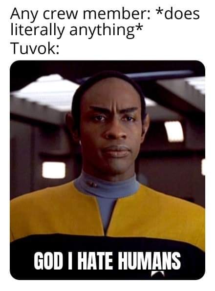 Okay, let's break down this meme of Tuvok from *Star Trek: Voyager* using the requested theoretical frameworks. Keep in mind, these are interpretations, and often these theories can overlap, so there will be some recu...